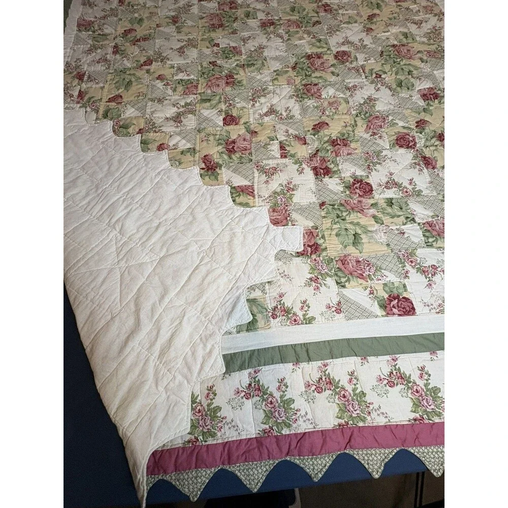 Vintage Floral Pink Green Scalloped Edges Some Staining See Pics 76”x76”